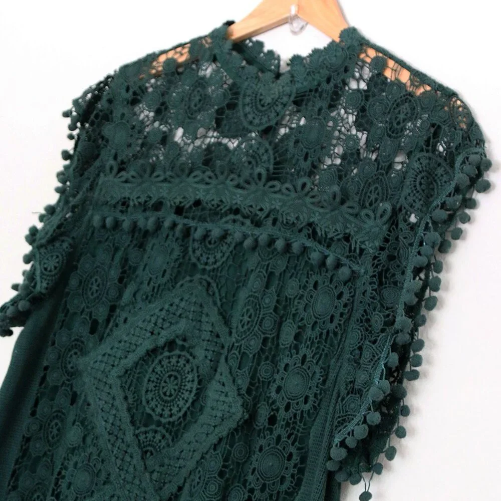 Tularosa Revolve Clayton Tunic Mini Dress L Hunter Green Pom Pom Trim Lace $210 - Picture 4 of 16